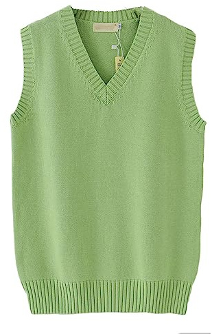 Men Women Knitted Cotton V-Neck Vest JK Uniform Pullover Sleeveless Sweater School Cardigan Light Green