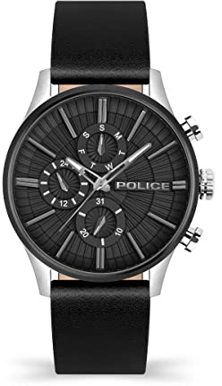 Police Barter PEWJF2195040 - Orologio multifunzione da uomo con quadrante nero e cinturino in pelle nera, cassa in acciaio inox da 44 mm, in confezione regalo, Marrone, misura unica, Cinturino