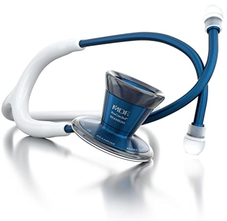 MDF Instruments ProCardial Cardiology Stethoscope, Lightweight Titanium, Adult, Dual Head, White Tube, Titanium Blue, Capridium Chestpiece-Headset, MDF797TCD29