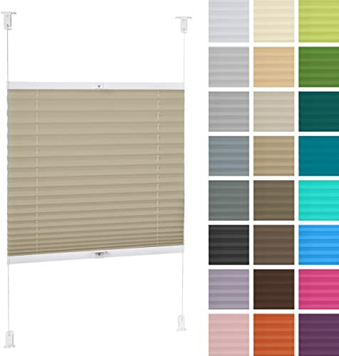 DECOOR Plissee ohne Bohren 115cm x 120cm Faltrollo Rollo für Fenster und Tür Nicht-invasive Fensterjalousien guter Sichtschutz und Sonnenschutz Breite der Überlappung 2 cm Beige