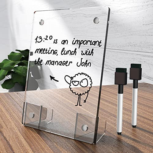 NiOffice Transparentes Acryl-Whiteboard, 20,3 x 15,2 cm, rahmenlos, trocken abwischbar, mit flexiblem Magnetständer und Markern, Mini-Whiteboard, Schreibtischzubehör für Frauen, Zuhause, Büro, Schule