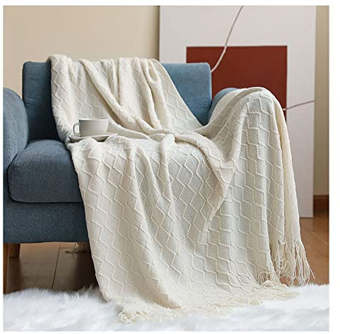 Sofa-Deckenbezug Gestrickt Schlafdecke im nordischen Stil Geometrische Muster Strickdecke Überwurf Bettdecke Warmer Dicker Sesselbezug Weiche Decke Beige