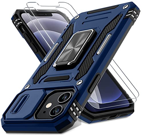 DEERLAMN for iPhone 12 Case,iPhone 12 Pro Case with Slide Camera Cover+Screen Protector(2 Packs),Rotated Ring Kickstand Military Grade Shockproof Protective Cover-Navy Blue