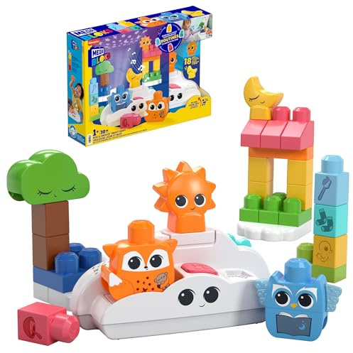 MEGA BLOKS Fisher-Price Toddler Building Blocks Toy, Rise & Snooze Night Light with 30 Pieces, Sound and Light Effects, Star Projector, Ages 1+ Years, HTH43