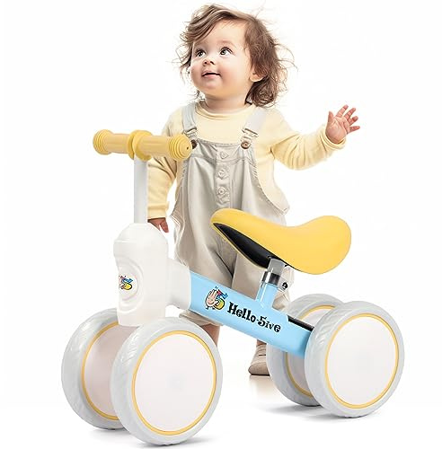 Balance Bike, No Pedal Walker Push Bike Ride On Toy with 4 Wheels & Adjustable Seat Height, Toddler Training Bike for 10-36 Months Boys & Girls