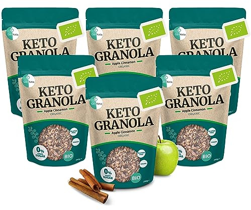 Go-Keto BIO Keto Granola Apple Cinnamon 6x 290g – LowCarb Keto Muesli para un delicioso desayuno keto, con chips de coco, nueces, frutas, semillas de girasol y de calabaza, vegano, sin gluten