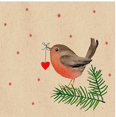 20 kleine Cocktail-Servietten aus Recycling-Papier Weihnachten Vogel mit Herz an Zweige als Tischdeko. Papierservietten mit Motiv. Auch für Decoupage und Serviettentechnik 25x25cm