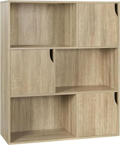 eSituro Bücherregal Standregal mit 3 Türen und 9 Fächern Würfelregal Kinder Büroregal freistehend Aufbewahrungsregal für Wohnzimmer Schlafzimmer helle Eiche