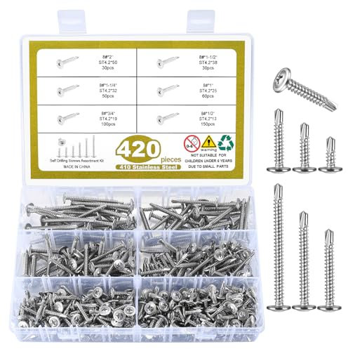 Set di 420 Viti Autofilettanti in Acciaio Inox, Assortimento Viti Autoforanti, Viti Testa piatta per Metallo, Legno - 4,2mm x 13/19/25/32/38/50 mm