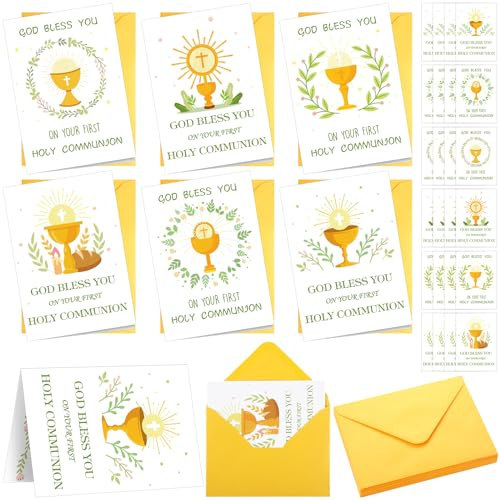 ReliThick 24 Pcs First Holy Communion Greeting Cards First Communion Card with 24 Golden Envelope Greetings First Communion Card God Bless You Cards for First Communion Party Decorations Supplies