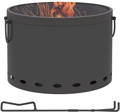 Outsunny Feuerstelle, Ø38cm Rauchfreie Holzfeuerschale mit Griff, Feuerkorb mit Schürhaken und Funkenschutz, Tischfeuer für Garten, Picknick, Metall Dunkelgrau