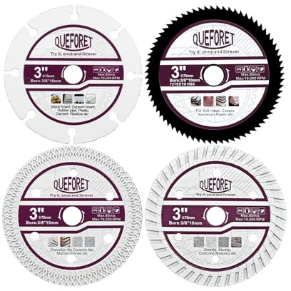QUEFORET Disques à Tronçonner 75mm 4 Pièces - Disque Carbure pour Bois, Disque HSS pour Métal, Disque Diamant pour Carrelage, Disque Diamant pour Béton, avec Alésage de 10mm