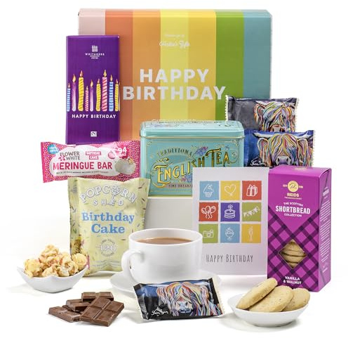 Hattie’s Gifts Rainbow Birthday Hamper for Men and Women | English Victorian Tea Gift Set with Milk Chocolate, Biscuits, Meringue Bar, Popcorn & Birthday Card