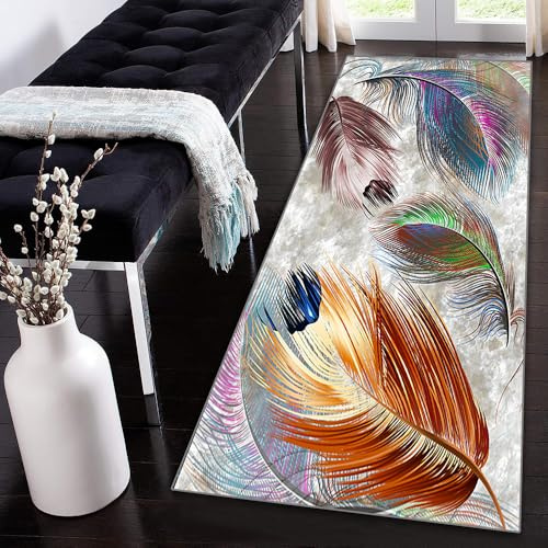 Siunwdiy Teppich Läufer Flur Küche rutschfest Waschbar 40x200cm Korridor Teppich Bunter Feder Muster Küchenläufer Lang Moderne Teppichläufer Flurteppich Küchenteppich Meterware Anpassbar