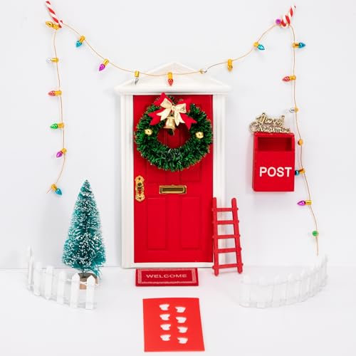 Heveer Wichteltür Set Wichteltür Zubehör für Weihnachtsdeko Wichteltür Komplettset mit Feentür Briefkästen Zäun Kranz Leiter Geschenke für Kinder