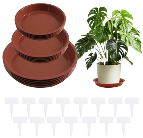ZOCONE 15 PCS Red Plant Pot Saucers 14/16/21cm +15 Pcs Plant Lables Round Plastic Plant Saucers for Pots Waterproof Plant Trays for Pots Circular Flower Pot Plastic Saucers for Indoor Outdoor Garden