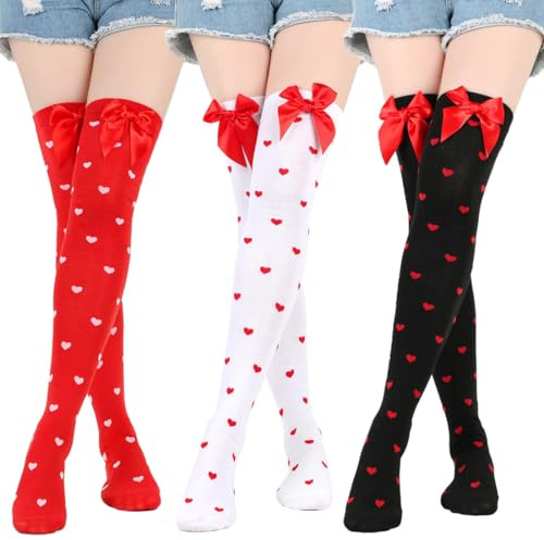Knästrumpor med hjärtan, 3 par rosetter överknästrumpor, svart, vit, röd, knästrumpor med rosett, amor kostym, Cupid kostym, för alla hjärtans dag, karneval, jul, Röd + svart + vit, 12