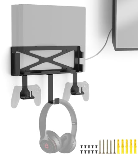 Wall Mount Compatible for PS4, Wall Mount Kit Compatible for PS4 Original (Old Model) with Detachable 2 Controller Holder & Headphone Hanger,Mount on Near or Behind Your TV