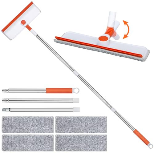 Alyvisun Raclette Vitre avec Télescopique Manche [132cm], Professionnel Nettoyage Vitre avec Raclette en Silicone et 4 Brosse en Microfibre, Kit de Nettoyage de Vitres pour Fenêtres Hautes