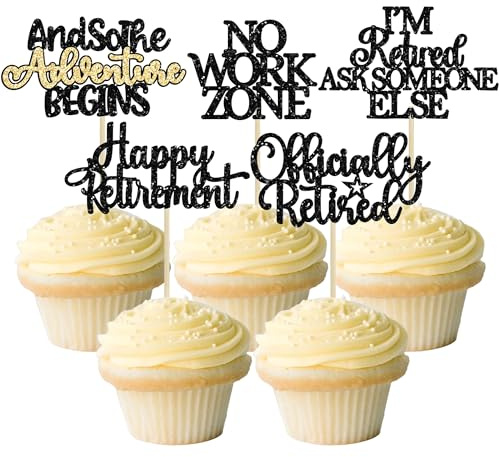 Gyufise 30Pcs Happy Retirement Cupcake Toppers Officially Retired No Work Zone Adventure Begins Cupcake Picks for Retirement Theme Farewell Birthday Party Cake Decorations Supplies Black