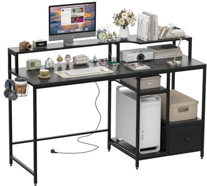Scrivania Gaming con Presa di Corrente, Scrivania da Gioco per PC con Supporto per Monitor, Tavolo da Gioco Ergonomico, Tavolo Stabile da Gioco per Computer con Portabicchieri e Gancio per Cuffie