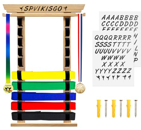 SPVIKISGO 10 Belts Karate Belt Display Rack, Taekwondo Belt Display Stand with Sticker and Medal Hook, No Assembly Required for Jiu-Jitsu Belt, BJJ Belt, Martial Arts Belt Displays