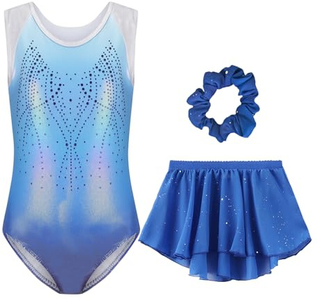 Happy Cherry Gymnastikanzug Mädchen Ärmellos Turnanzug Turnrock Haarband Set Kinder Turnen Trikot Gymnastik Tanzen Kleidung 9-10 Jahre Blau