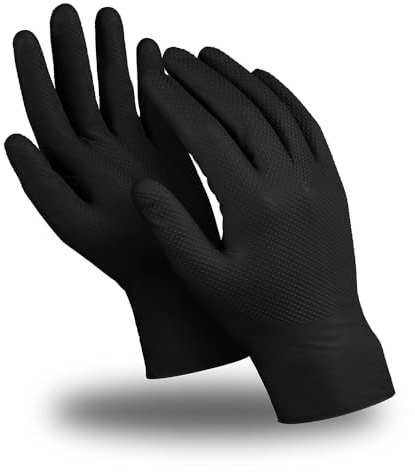 MANIPULA PROTECT Black Nitrile Diamond Grip Gloves Extra Strong Thick Powder & Latex Free Multi-Purpose Mechanic of 50 (100, 8 / M)