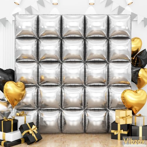 Silver Square Foil Balloons Wall, Double Sided Chrome Silver Balloons Tunnel Arch Kit Backdrop for Birthday Graduation New Year Baby Shower Wedding Holiday Theme Party Decoration