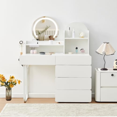 CLIPOP White Dressing Table with LED Lights Charging Station & Round Mirror | Makeup Vanity Table Featuring 5 Drawers, Storage Shelves and Movable 3 Drawer Chest for Women Girls
