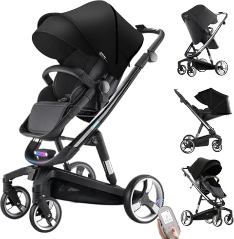 Magic ZC Elektrisk intelligent barnvagn, buggy med vändbar tvåvägs dragkraft, barnvagn vikbar bärbar design med ett klick, barnvagn komplett set med tillbehör högt landskap (WL8 svart)