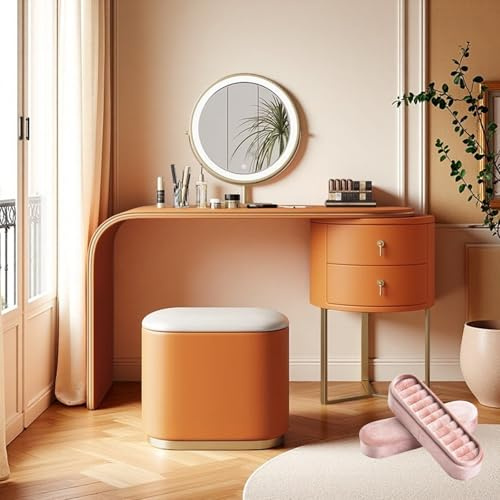 Makeup Vanity Desk with Mirror and Lights, Integrated Dressing Table with Rounded Corners, Includes Ring Box