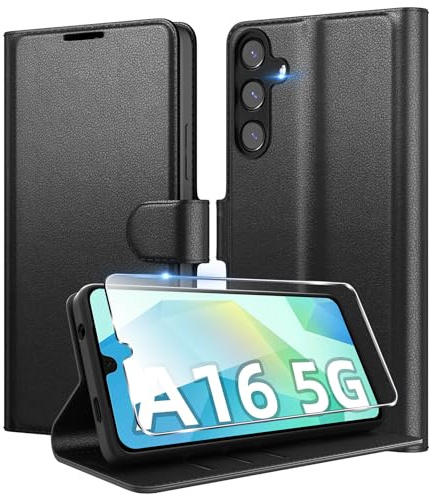 Eirltiy Handyhülle für Samsung Galaxy A16 5G Hülle mit 1 Stück Panzer Schutz Glas, Flip Wallet Kartenfach Standfunktion Schutzhülle PU Leder Stoßfest Klapphülle Kompatibel mit Galaxy A16 4G Schwarz