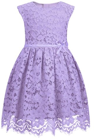 ALLOVIN Vestito in Pizzo Senza Maniche Linea A Bambine e Bimbe, Damigella, Compleanno Matrimonio, Fiocco Perlato, 2-12 Anni