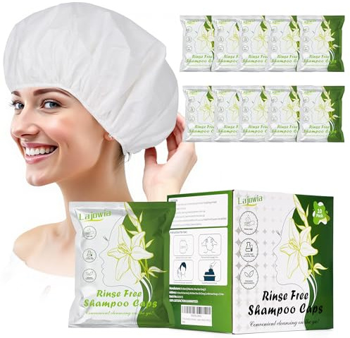 Lajowia 10 Pack Shampoo Caps No Need Rinse, Waterless Shampoo Cap Hair Wash for Bedridden Patients Elderly for Post Surgery, Hospital, Camping，Rinse Free Caps Easy to Carry (Need 130ML Water)
