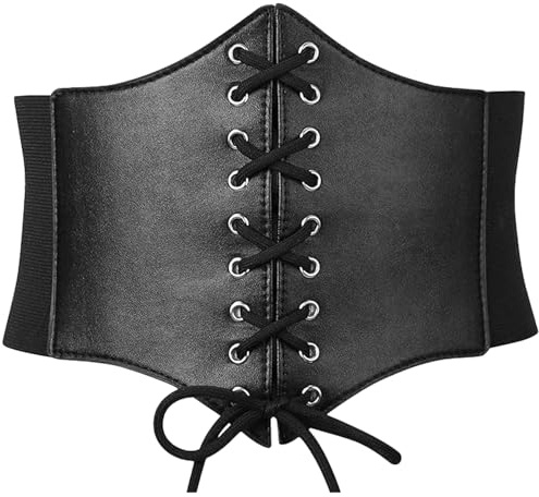 HRGTG Black Corset Waist Belt for Women Tied Waspie Waist Belt Vintage Lace-up Stretchy Elastic Retro Wide Belt for Halloween Theme Party Costume (Fit Waist Size 24-26)