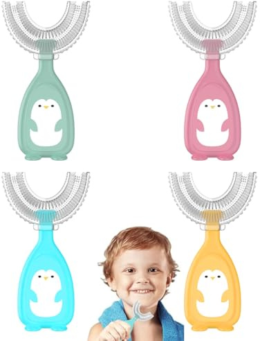 UIEXAY 4 Stück Zahnbürste Kinder, Kinderzahnbürste U-Form, Weicher Bürstenkopf aus Silikon, 360 Grad Zahnreinigung Kinder, Massage-Zahnfleisch, Rundumreinigung, Cartoon Design 2-6 Jahre Alt