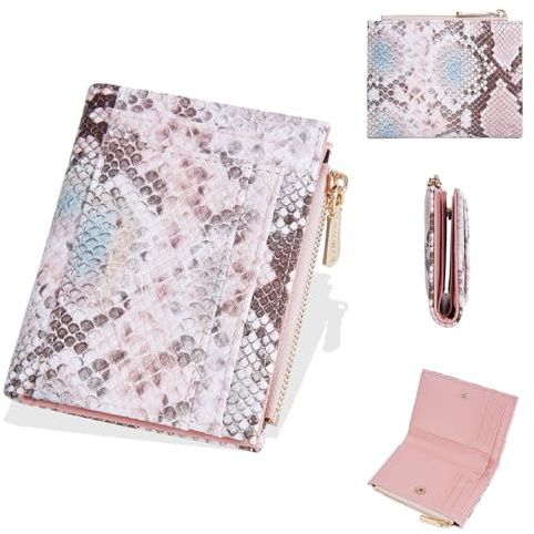 YUEcthynous Portafoglio rosa da donna, con chiusura lampo, protezione RFID, piccolo portafoglio pieghevole con tasche multiple per monete, contanti, carte di credito