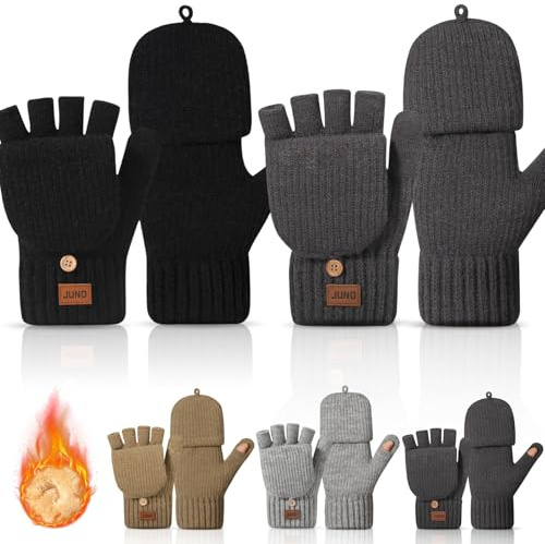 Rosoz 2 guanti invernali senza dita per uomo e donna, migliorati, caldi e morbidi, con fodera termica, lavorati a maglia, per il freddo, nero+grigio scuro, Taglia unica