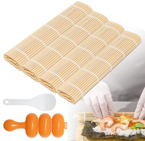 AYSYR Sushi Matte mit Reisbällchen Former - 4 Pcs Bambusmatte Sushi und Reisball Shaker,Reislöffel,Küchenzubehör Set für Machen und Anfänger