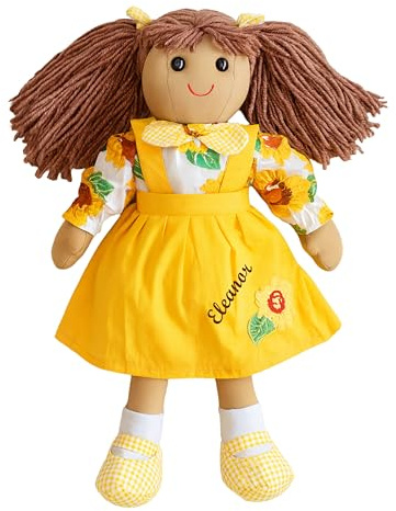 De Walden Personalised Sunflower Rag Doll – Embroidered Name – Baby Girl Gift for Birthday, Christening, Christmas & Baby Shower – Soft Toy Keepsake 40cm Ragdoll