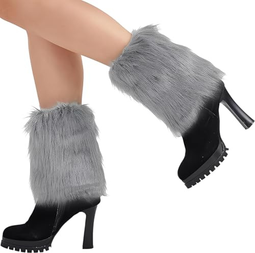 YUPZAR 1 Paar Leg Warmers,Für Weihnachten & Winter,20cm – Furry Stulpen für Stiefel,Künstlich Fell – Ein Geschenk für Mama und Freundin(Grau)