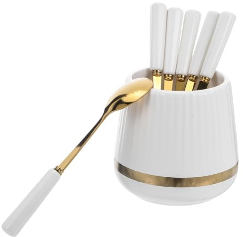 HIAKDOFT Juego de Cucharas de Cerámica para Postres y Fruta Tarro Organizador 6 Cucharas Pequeñas para Aperitivos Soporte de Cocina para Servir y Almacenar Utensilios