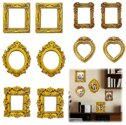 HBSFBH 10 Stück Mini Bilderrahmen Gold Vintage, kleine Bilderrahmen im Barockstil, Harz Kleine Fotorahmen, DIY-mini-Vintage-bilderrahmen-Set, Für die Präsentation von 1, 6 bis 2, 2 Zoll
