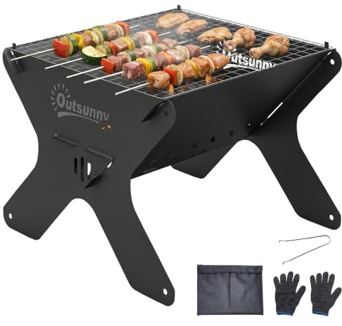 Outsunny Camping Fire Pit and Portable BBQ Grill, Tabletop Charcoal BBQ | Charcoal Barbecue Grill, Detachable Grate, Gripper, Gloves, Carry Bag, Metal Portable Fire Pit, Picnic Garden Terrace Travel