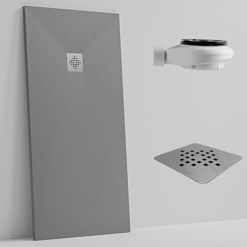 SOULBATH Plato de Ducha - Resina - Gel Coat - Textura Liso Seda - Antideslizante - Color Gris Cemento - 100x80- Extraplano 3cm. Incluye Válvula de desagüe - Standard