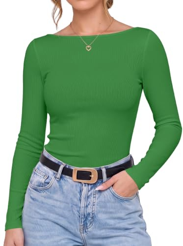 DUOEASE Långärmad T-shirt för dam ribbad topp för dam elegant | Ribbad, smal passform, båtkrage, elegant