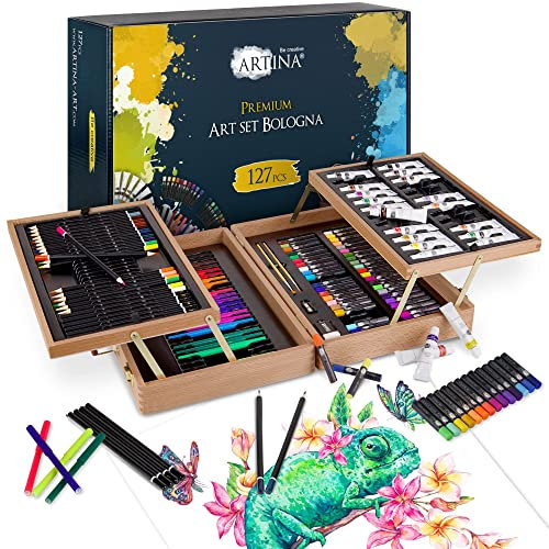 Artina Set di pittura XXL con scatola di pittura in legno FSC® Bologna – pittura acrilica, acquerello, matite colorate, pastello e feltri, grande kit di disegno per principianti