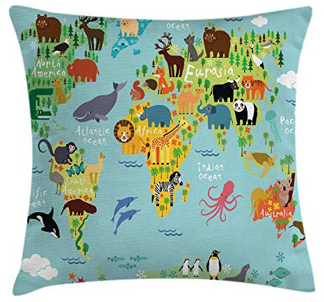 ABAKUHAUS Dibujos Animados Funda para Almohadón, Mapa del Mundo Animal, Decorativo, Estampado en Ambos Lados, 50 x 50 cm, Azul Pálido Amarillo Verde