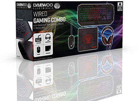 Daewoo Complete 4-IN-1 Gaming PC Set with Wired USB Plug Light Up Mouse & Keyboard, 40MM Speaker Headset with 20KHZ Mic, Cord Length 1.8M, Rubber and Cloth Desktop Mat,Black/Red,AVS1436